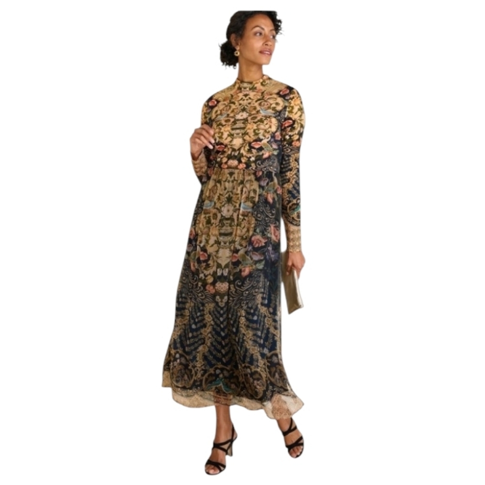 Soft Surroundings Floral Medallion Long Sleeve Maxi Dress in Navy and Gold